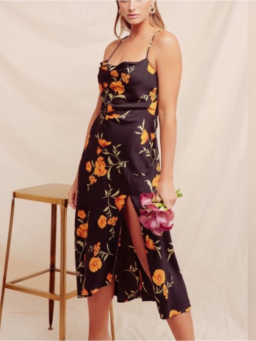 ASTR The Label Gaia Midi Dress Black Gold Floral Size Medium